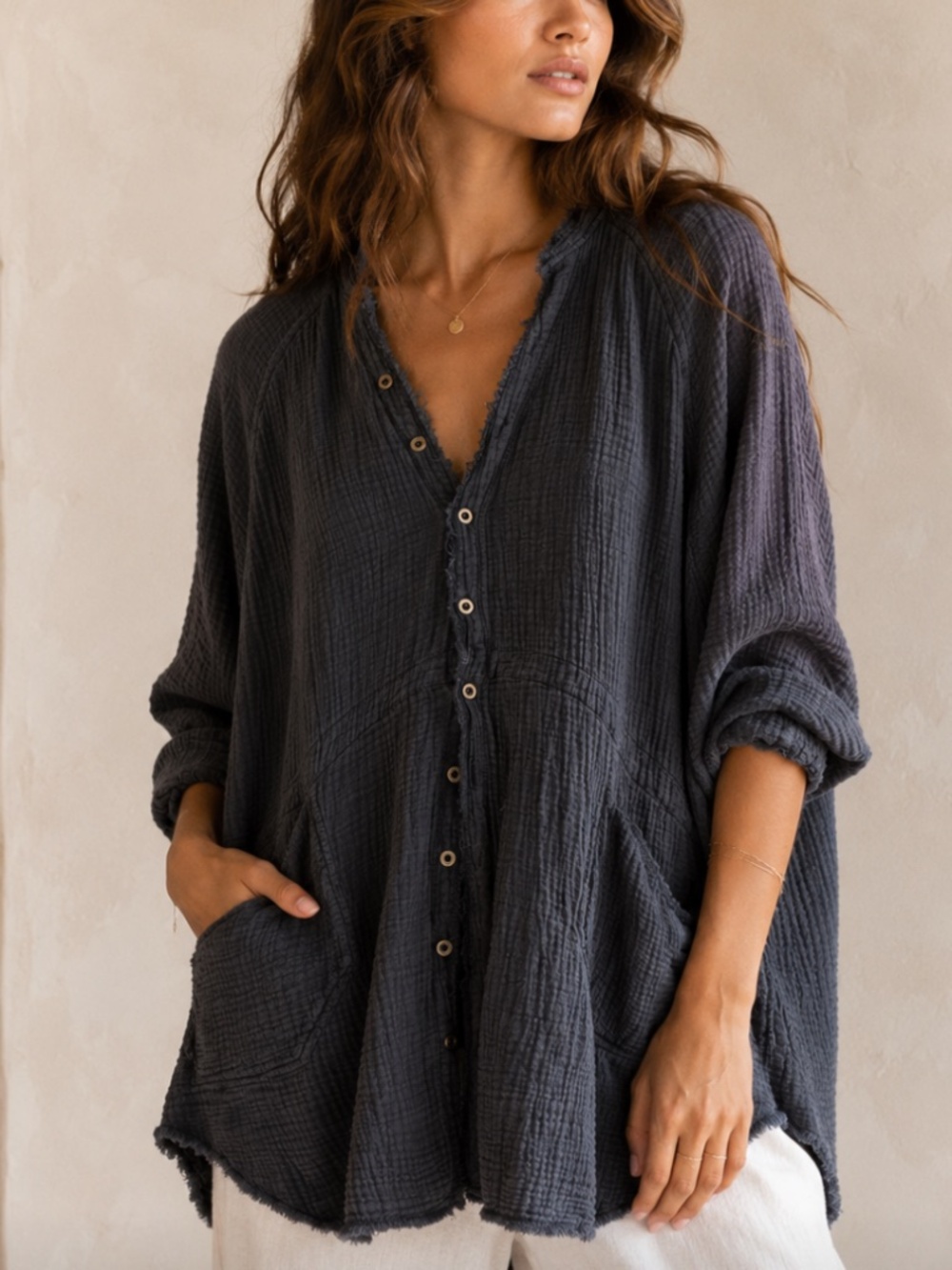 free people we the free oversized double gauze raw edge button front tunic shirt